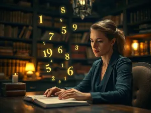 Kobieta zamyślona nad świecącą liczbą 2233 unoszącą się w magicznej, kosmicznej przestrzeni.