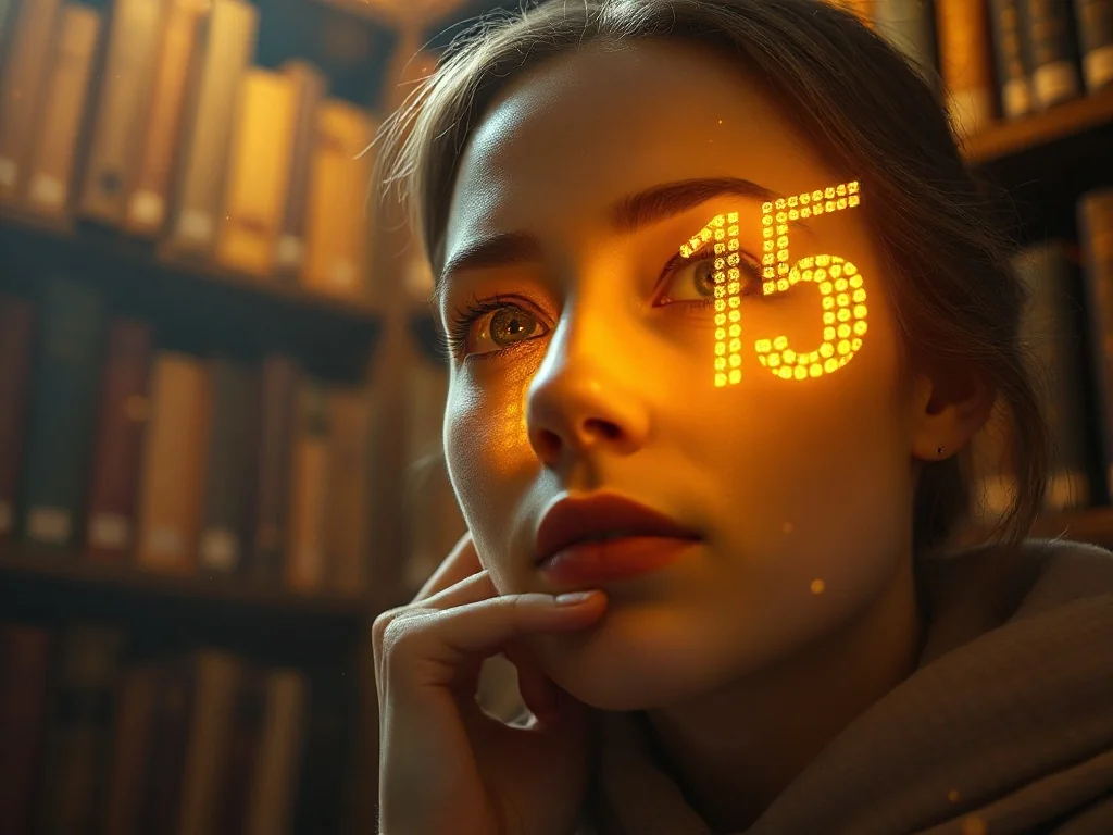 Kobieta zamyślona nad złotą, holograficzną liczbą 3333 unoszącą się w magicznej bibliotece.