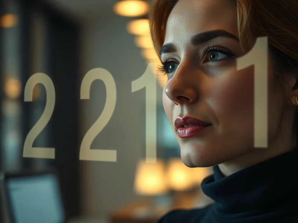 Kobieta zamyślona nad świecącą cyfrą 2211, symbolizującą duchowe przesłanie w numerologii.