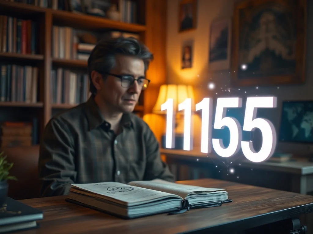 Osoba przy biurku analizuje notatnik z mistycznymi symbolami, nad którym unosi się świetlista liczba 1155.