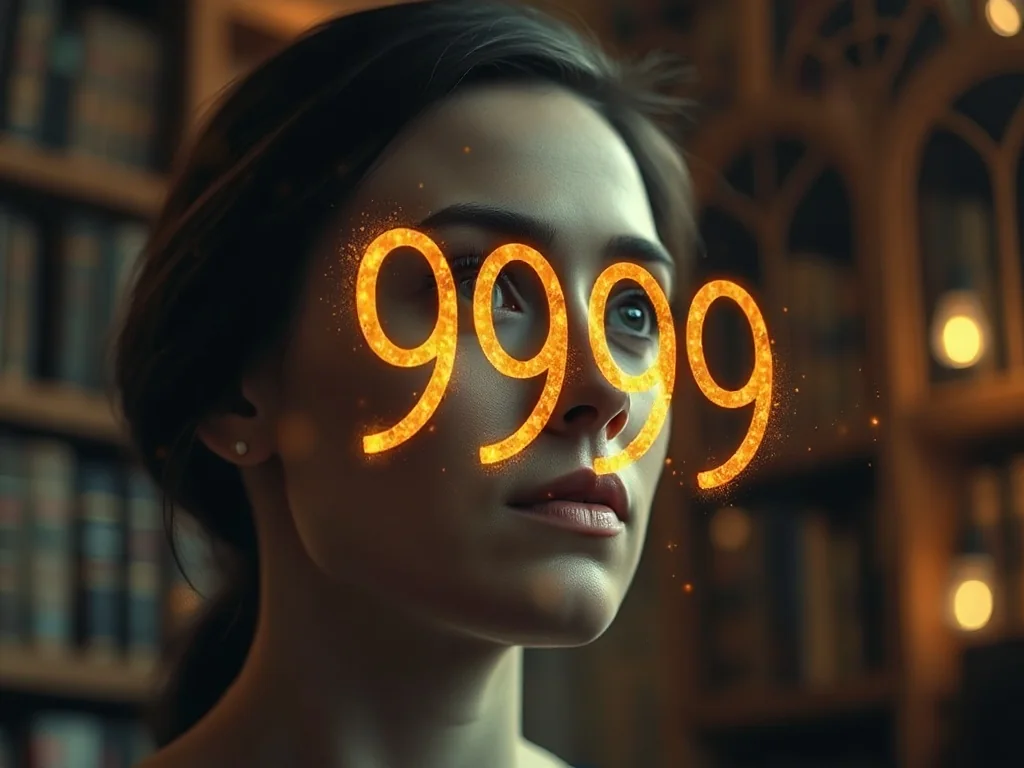 Kobieta zamyślona nad unoszącą się w powietrzu złotą liczbą 9999 w magicznej, bibliotecznej scenerii.