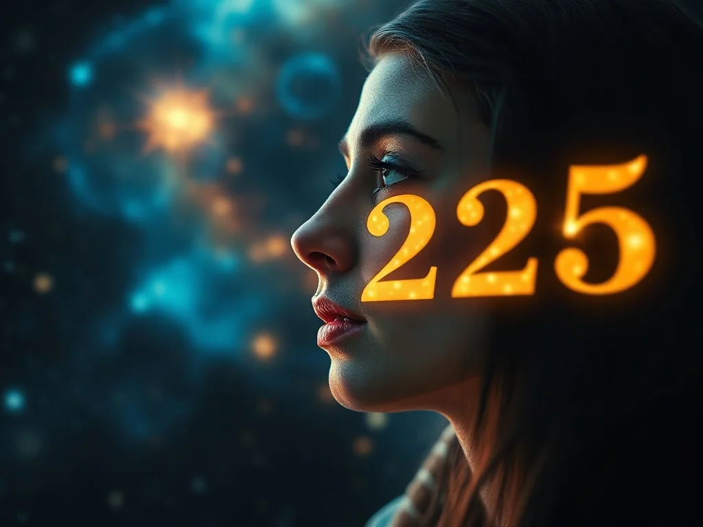 Kobieta zamyślona nad eteryczną liczbą 2255 unoszącą się na tle gwiezdnej mgławicy, symbolizującą mistyczne znaczenie liczby.