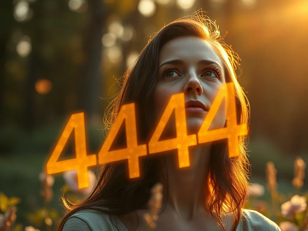 Kobieta w ogrodzie patrząca w niebo, otoczona subtelnymi, złotymi cyframi 4444 symbolizującymi przekaz numerologiczny.