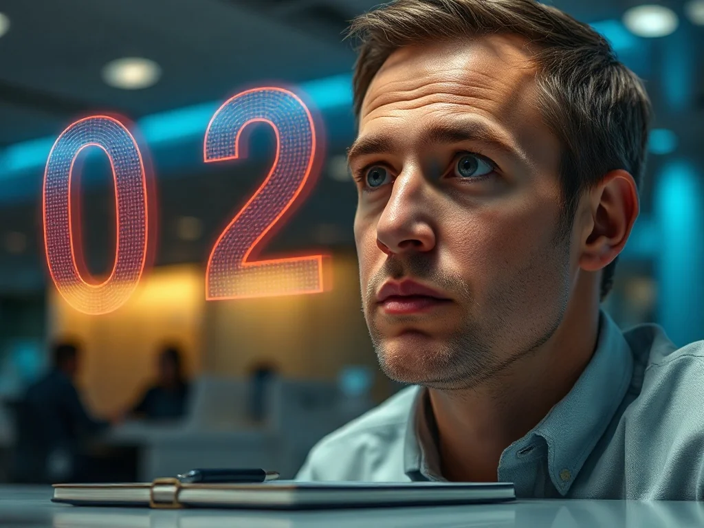 Mężczyzna zamyślony nad cyfrową projekcją liczb „0202” w nowoczesnym biurze, symbolizującą numerologiczne znaczenie tej daty.