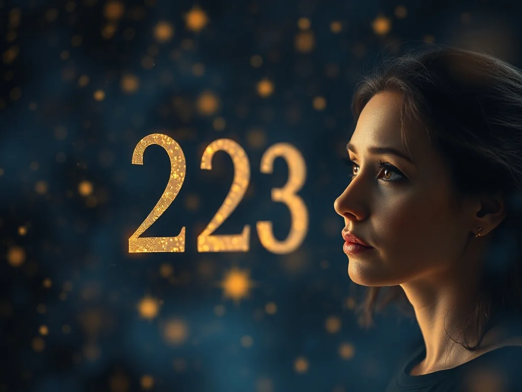 Kobieta zamyślona nad świecącą liczbą 2233 unoszącą się w magicznej, kosmicznej przestrzeni.