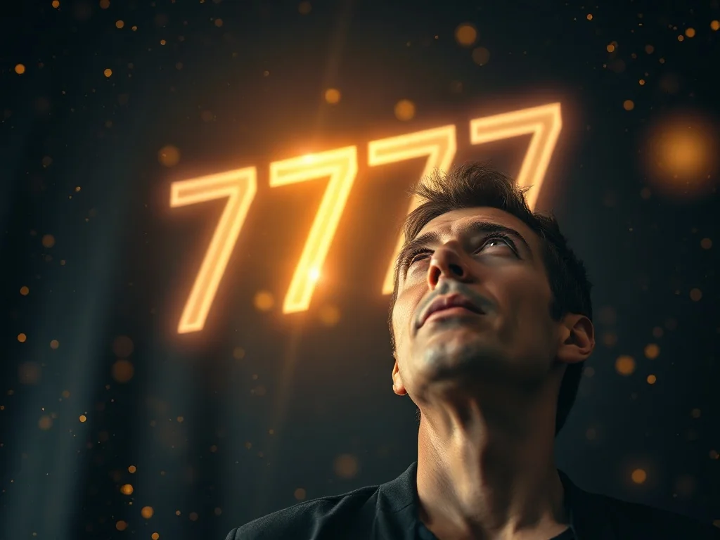 Mężczyzna z zachwytem spogląda na świetlistą liczbę 7777 unoszącą się w mistycznej, kosmicznej scenerii.