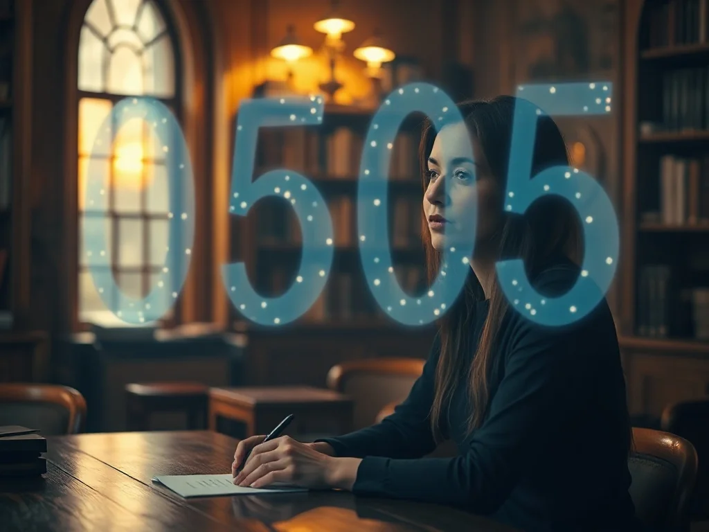 Kobieta w przytulnej bibliotece zamyślona nad eteryczną projekcją liczby 0505, symbolizującą duchowe znaczenie tej sekwencji.