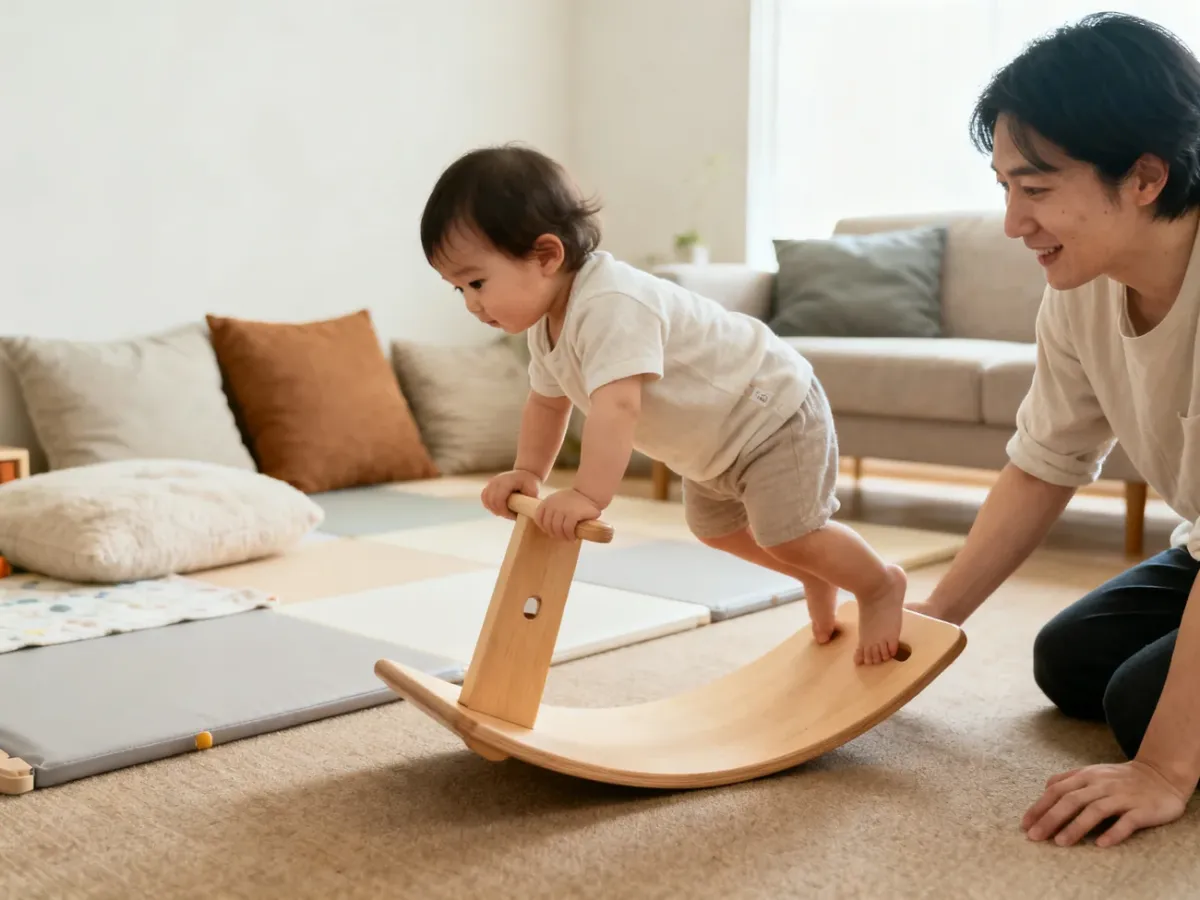 Dwulatek ćwiczący równowagę na drewnianym bujaku Montessori