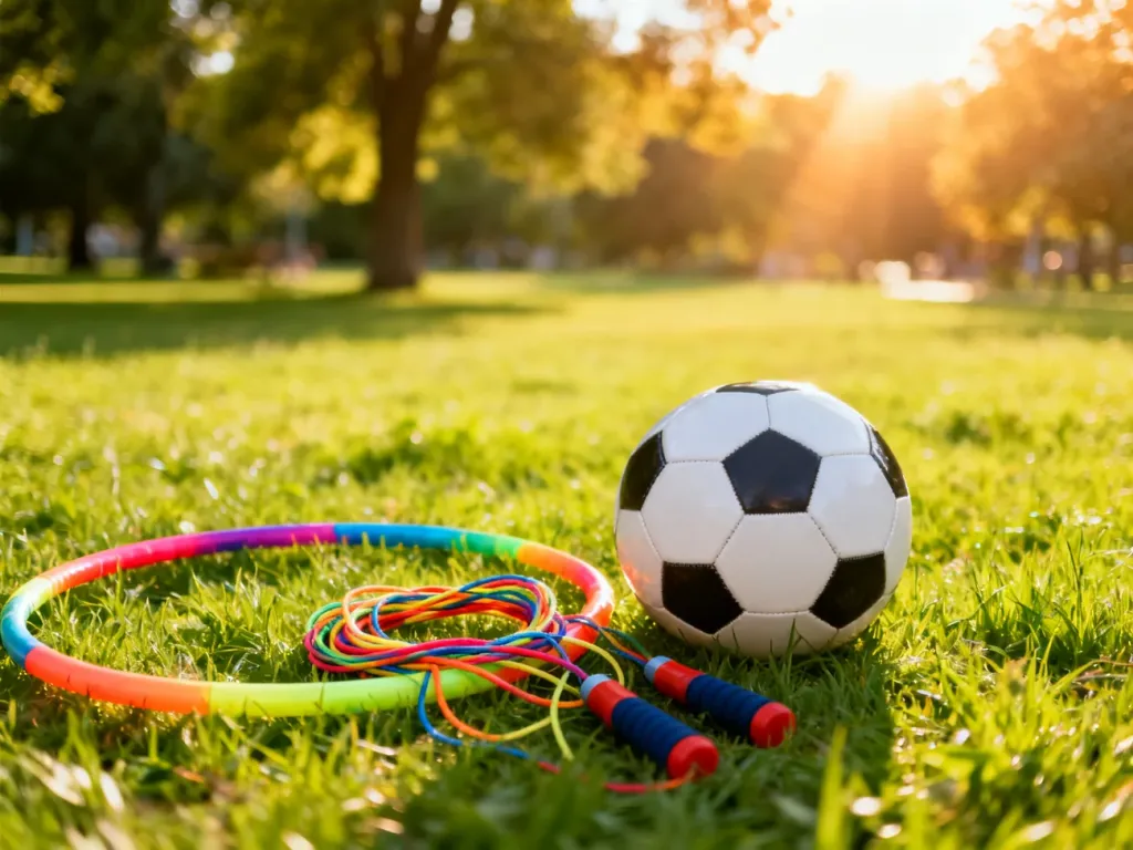 Kolorowy sprzęt sportowy, w tym piłka i hula-hop, rozłożony na soczystej, zielonej trawie w słonecznym parku.