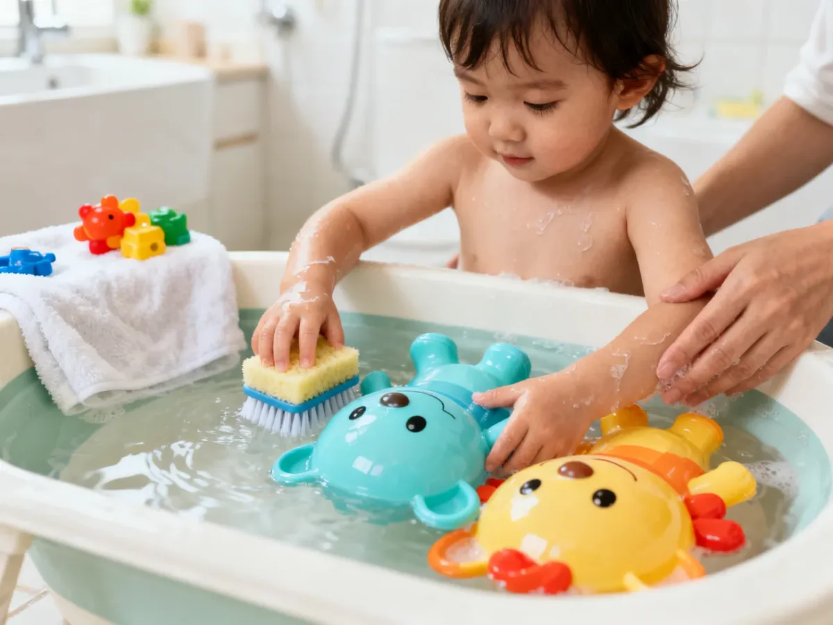 Maluch myje plastikowe zabawki w misce z wodą