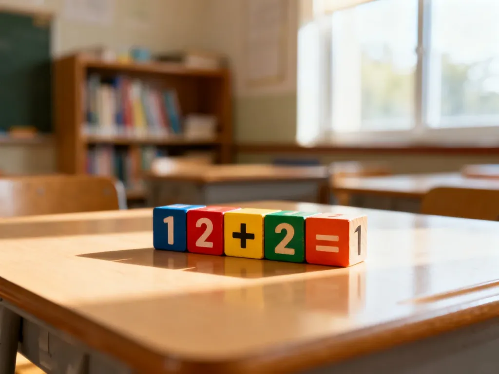 Kolorowe drewniane klocki z działaniami matematycznymi na biurku, zachęcające do nauki tabliczki mnożenia przez zabawę.