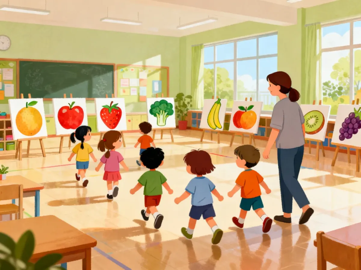 Dzieci uczestniczące w ruchowej zabawie z ilustracjami warzyw i owoców