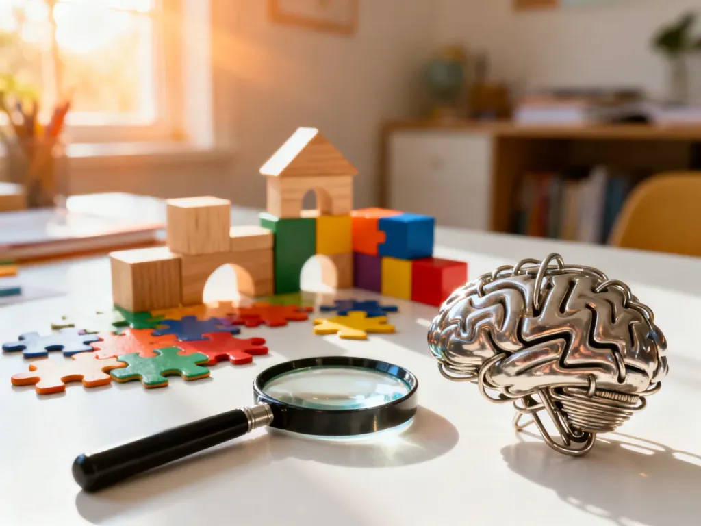 Drewniane klocki, kolorowe puzzle i metalowa łamigłówka na biurku, zachęcające dzieci do rozwijania logicznego myślenia.