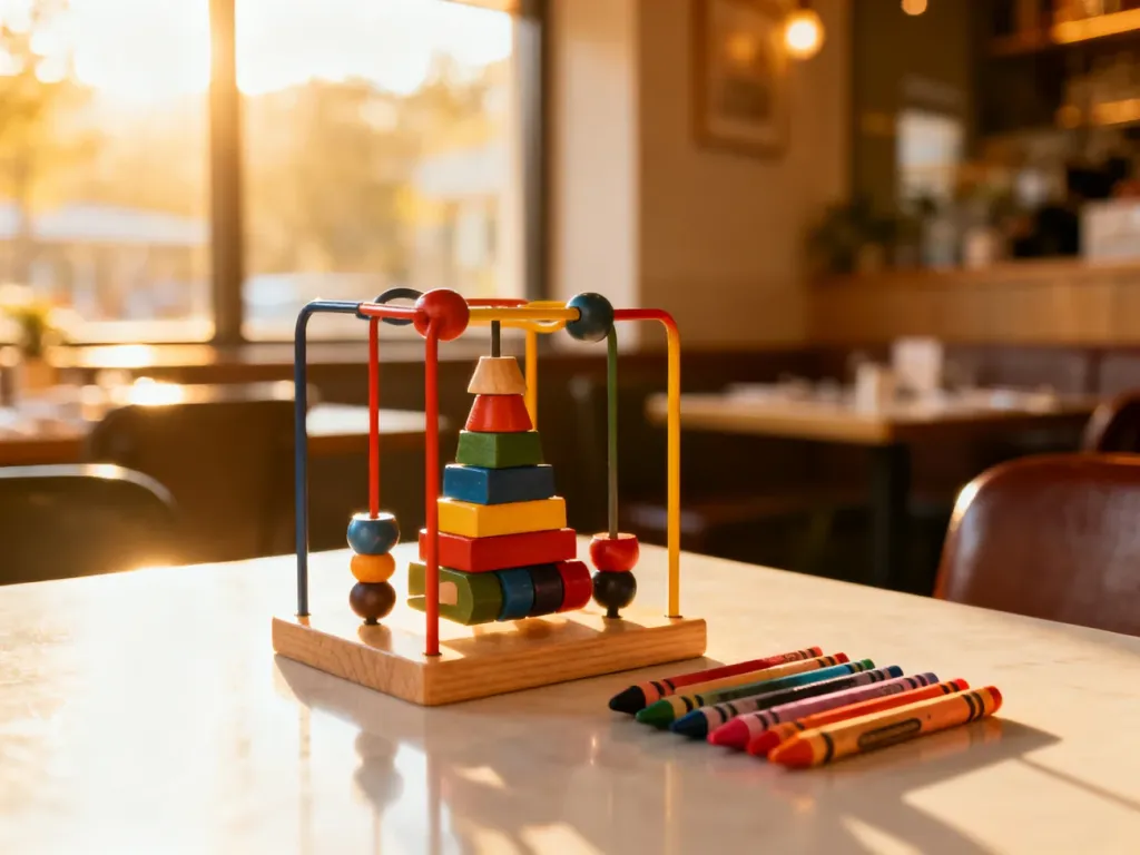 Kolorowa zabawka edukacyjna i kredki na stoliku w restauracji, które pomogą zająć dziecko podczas oczekiwania na posiłek.
