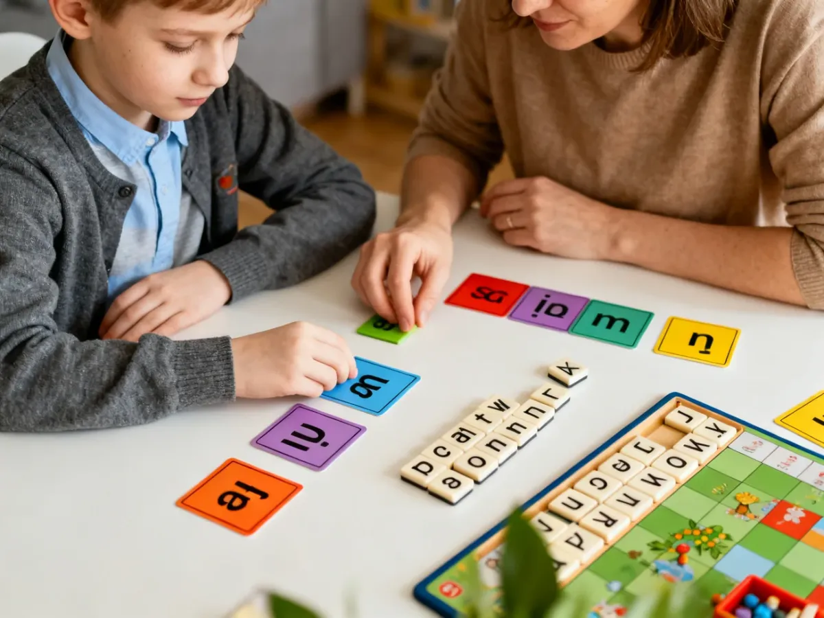 Dziecko i rodzic układający sylaby oraz litery podczas wspólnej gry edukacyjnej