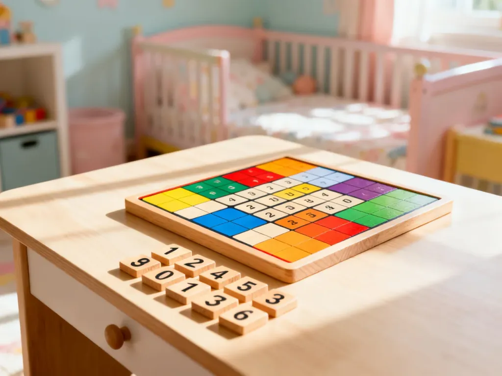 Kolorowa drewniana gra Sudoku na biurku, zachęcająca dzieci do nauki logicznego myślenia poprzez zabawę.