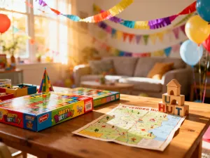 Kolorowe klocki, piankowe kształty i puzzle na podłodze w przytulnym pokoju zabaw, zachęcające dzieci do wspólnej integracji.