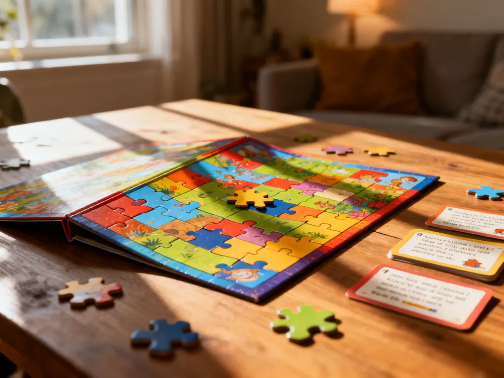 Kolorowa gra planszowa z puzzlami i kartami z zagadkami rozłożona na drewnianym stole w przytulnym salonie.