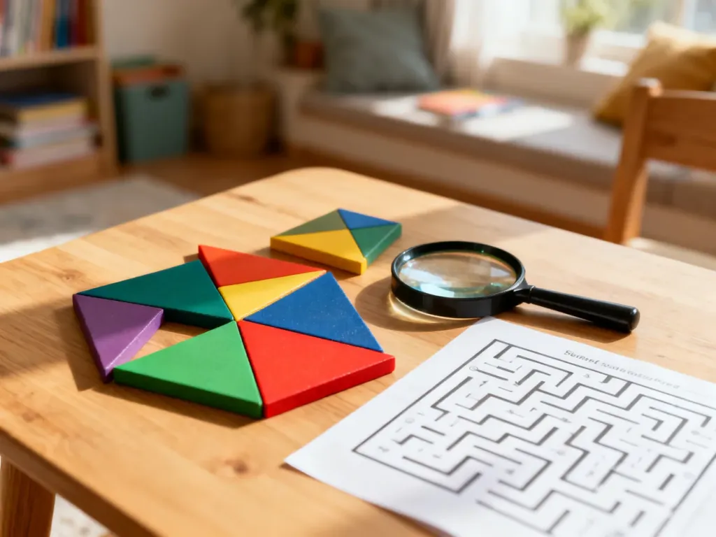 Kolorowe klocki tangram, lupa i łamigłówka na drewnianym stole, zachęcające dziecko do ćwiczeń spostrzegawczości.