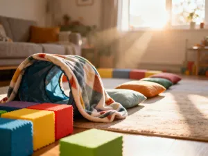 Świątecznie udekorowany salon z choinką, kartami z zagadkami na stole i prezentem, zachęcający do wspólnej zabawy.