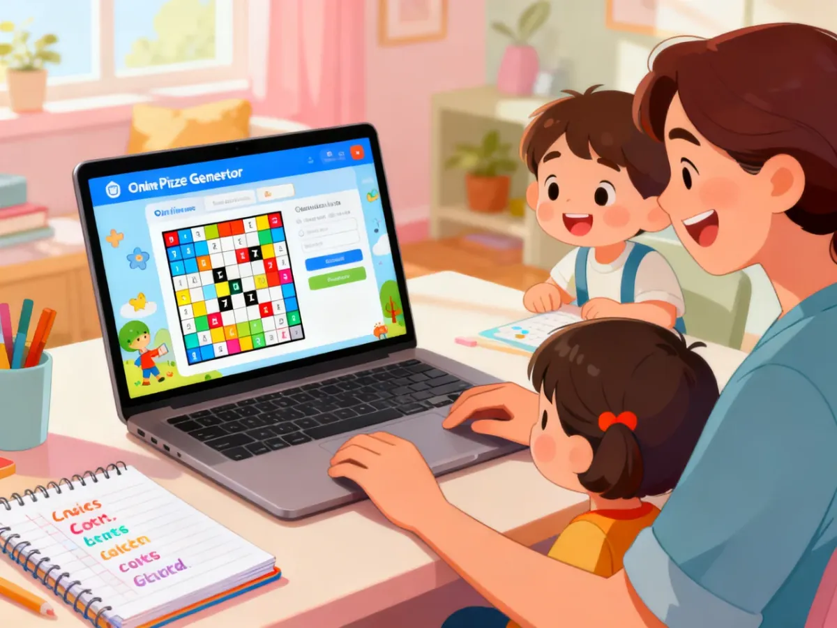 Rodzic tworzący dziecięcą krzyżówkę w generatorze online na laptopie