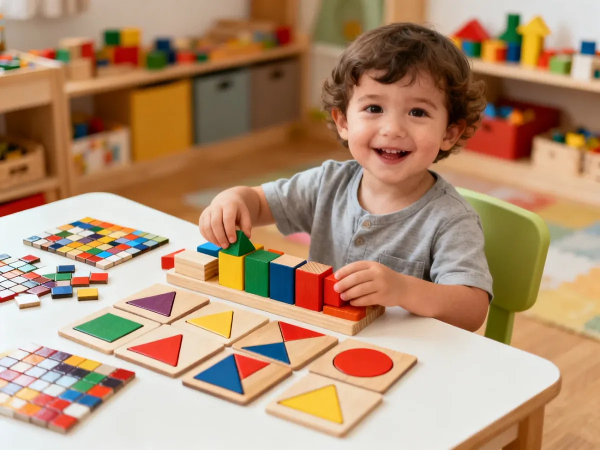 Przedszkolak sortujący kolorowe klocki i układający puzzle z kształtów