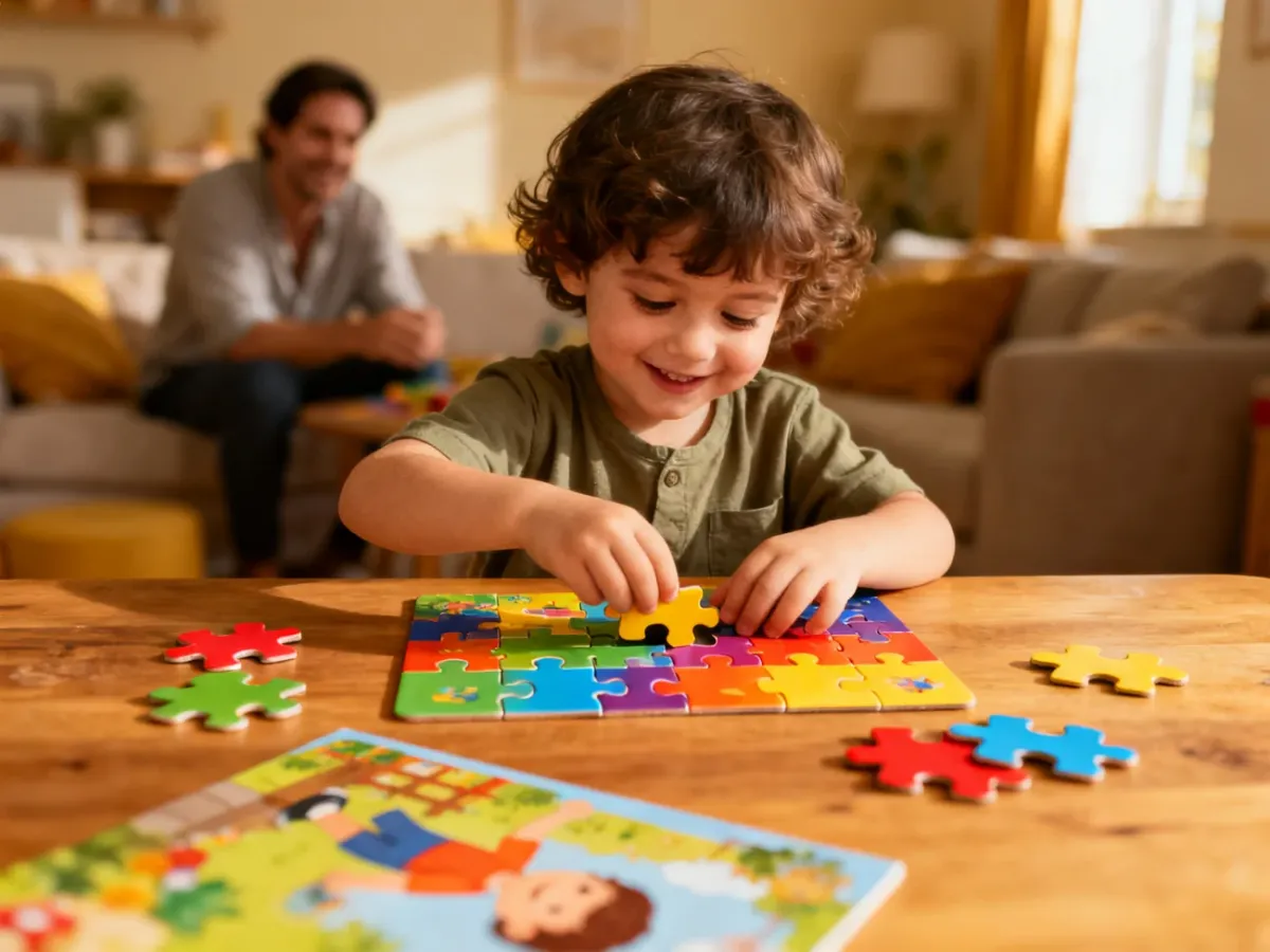 Dziecko układające kolorowe puzzle przy stole