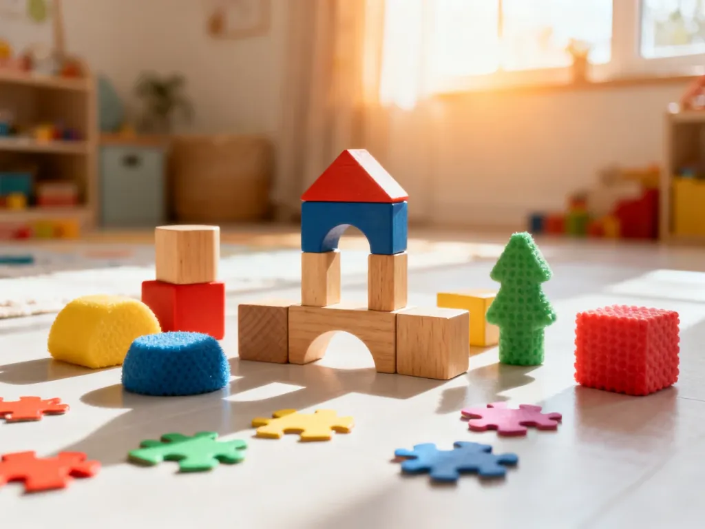 Kolorowe klocki, piankowe kształty i puzzle na podłodze w przytulnym pokoju zabaw, zachęcające dzieci do wspólnej integracji.