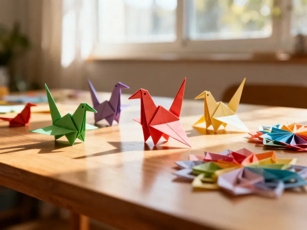 Kolorowe figurki origami i papierowe wycinanki ułożone na drewnianym stole w ciepłym, słonecznym świetle.