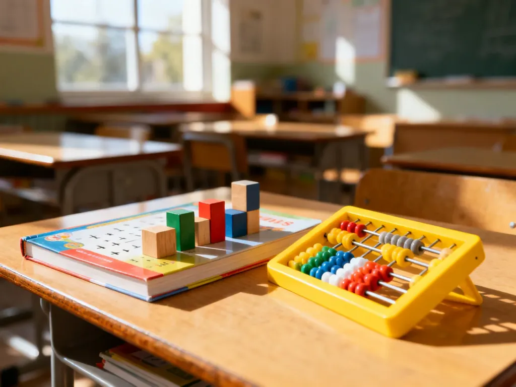 Kolorowe liczydło, klocki i podręcznik matematyki na biurku, zachęcające dzieci do nauki poprzez zabawę.