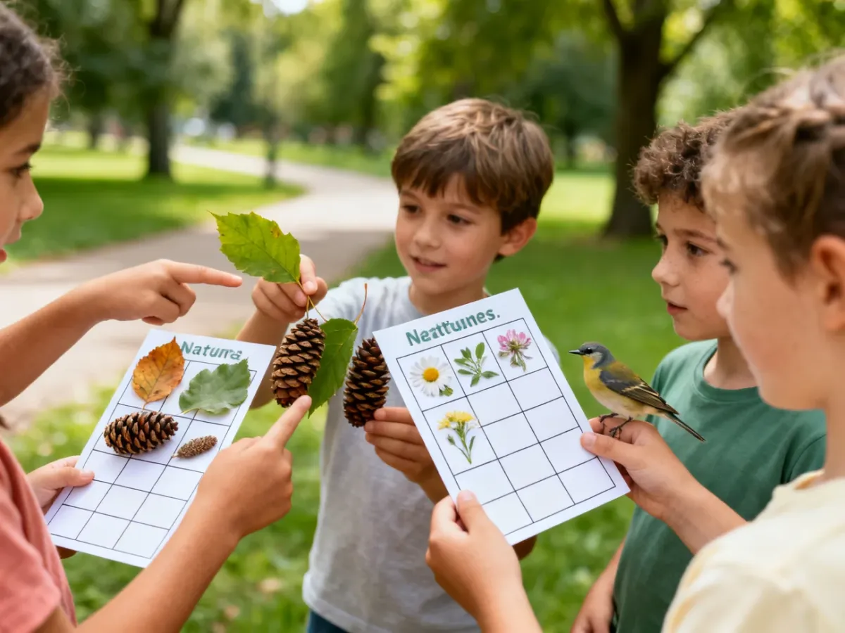 Dzieci szukające elementów przyrody podczas parkowego bingo