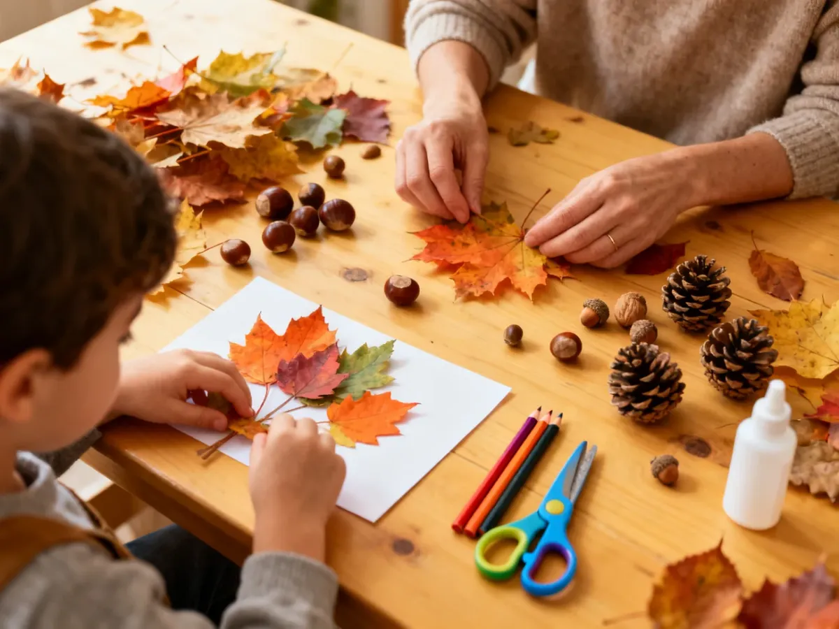 Dziecko i dorosły przygotowują jesienne materiały plastyczne