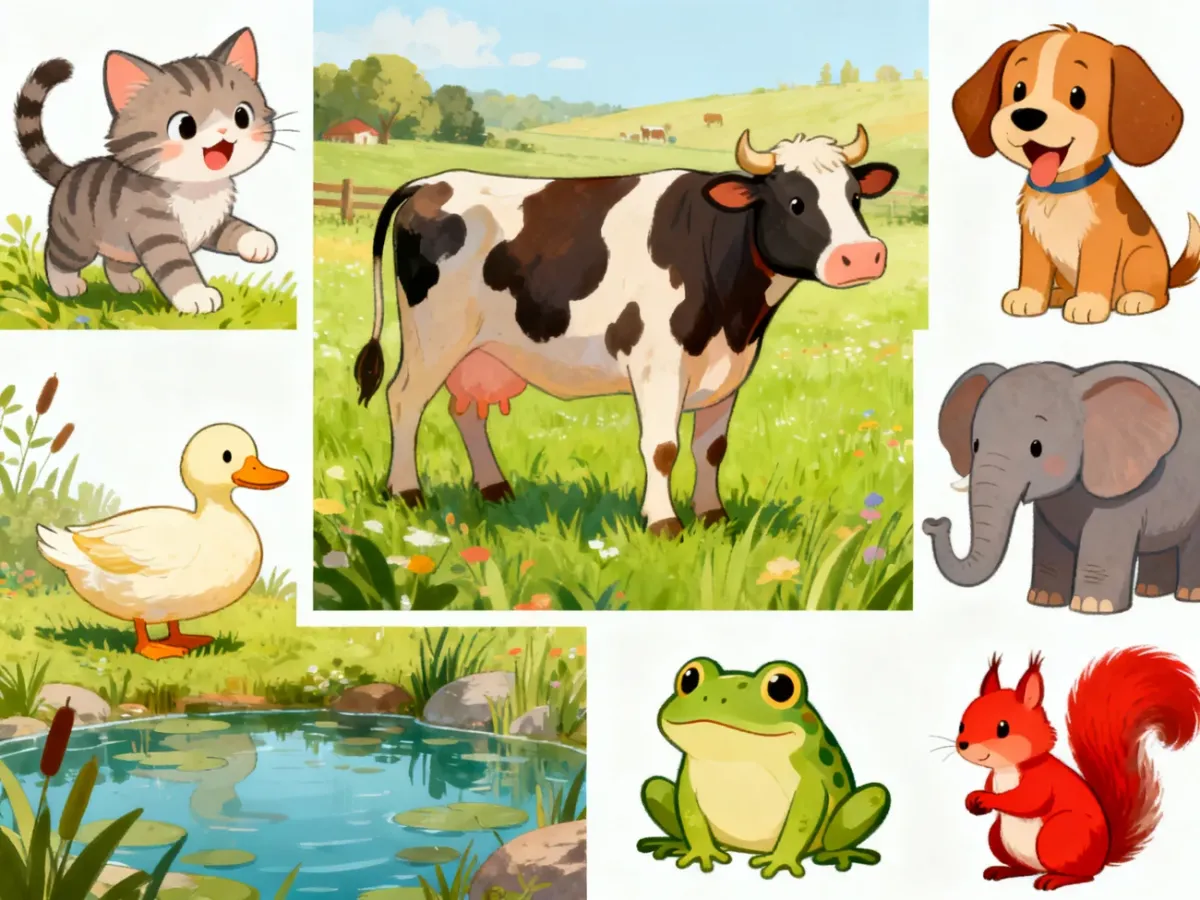 Kolorowa ilustracja zwierząt przedstawionych w zagadkach