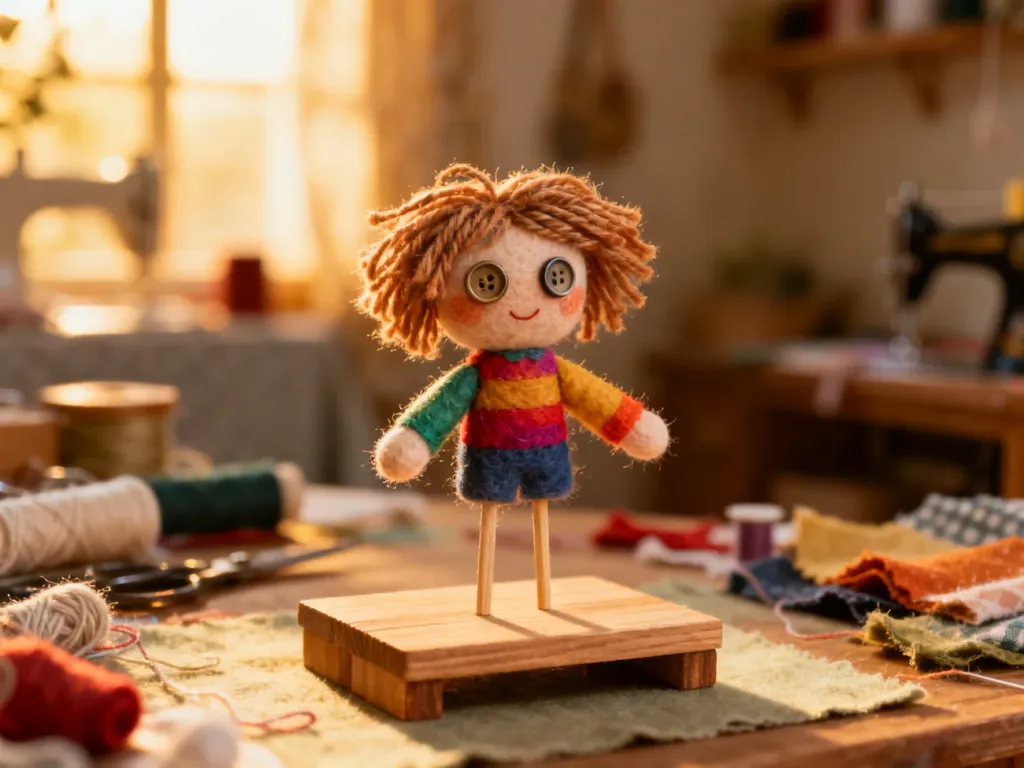 Ręcznie wykonana kukiełka z filcu na miniaturowej scenie, gotowa do występu w dziecięcym teatrzyku.