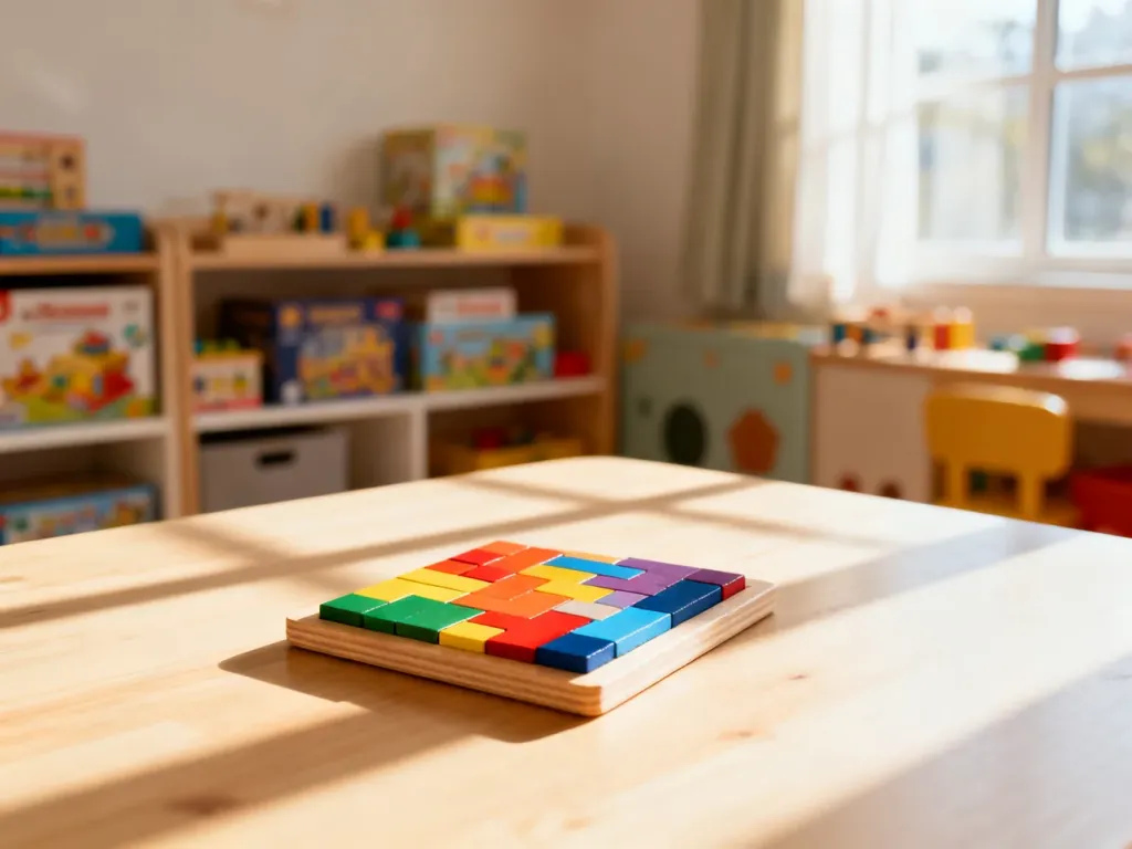 Kolorowa drewniana układanka logiczna na stole w jasnym pokoju zabaw, zachęcająca do edukacyjnej zabawy.