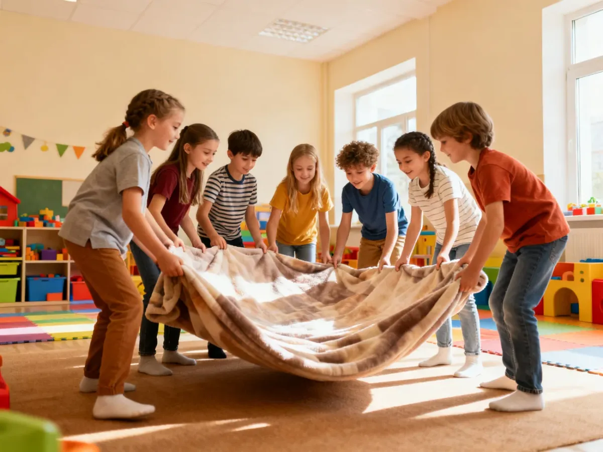 Dzieci wspólnie odwracające duży koc bez dotykania podłogi