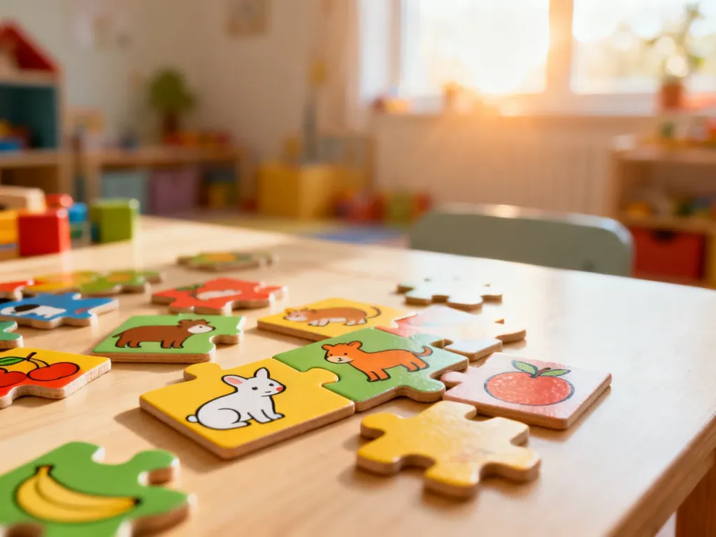 Kolorowe drewniane puzzle z obrazkami zwierząt i owoców rozłożone na jasnym stole w przytulnym pokoju dziecięcym.