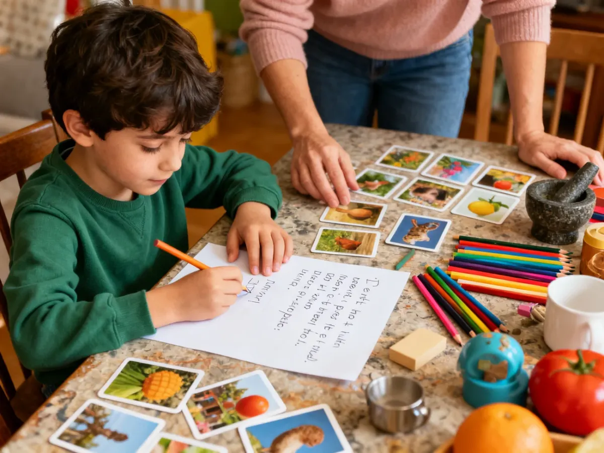 Dziecko przygotowujące własne zagadki z papieru i kredek